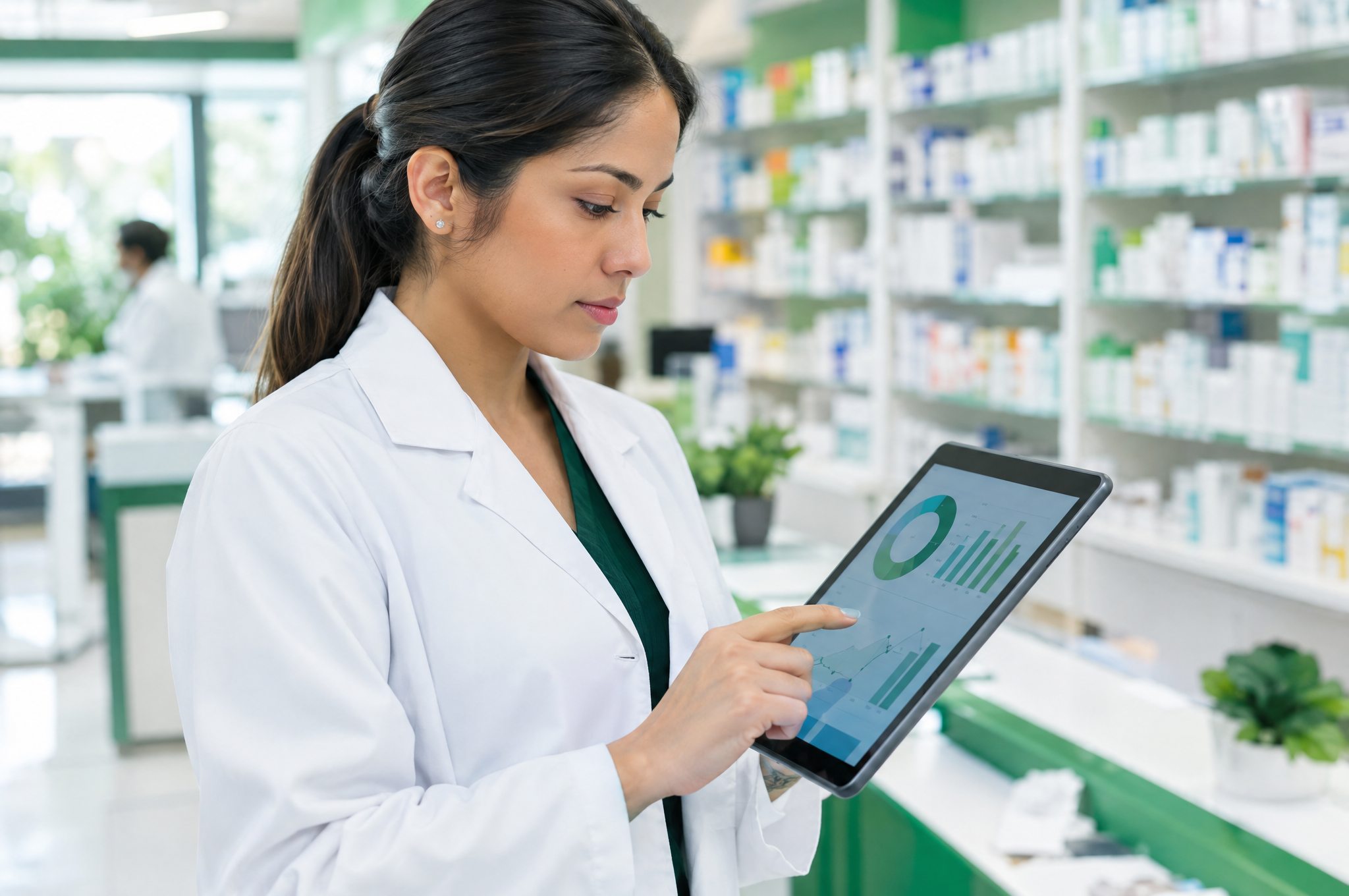 Farmacéutica analizando datos de seguridad