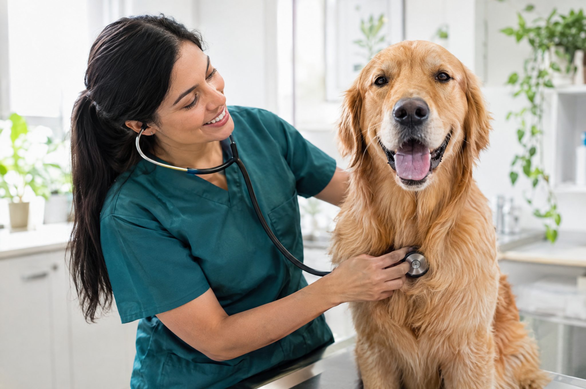 Veterinaria examinando a un perro